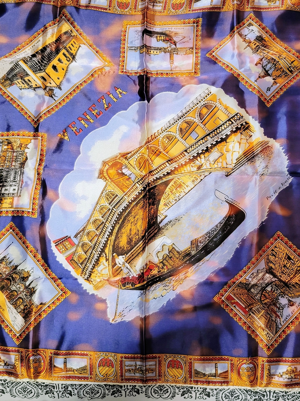 Venezia Print Silk-Feel Scarf in Blue and Gold